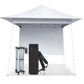 8x8 FT White Slant Leg Pop Up Canopy Tent with One Sidewall and Extended Eaves 210D Oxford Fabric White Powder Coated Steel Frame Portable Foldin